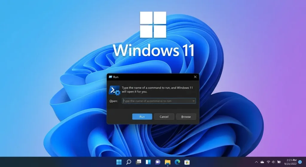Windows 11 desktop with the Run dialog box open in the center, showing the taskbar and default wallpaper in the background.