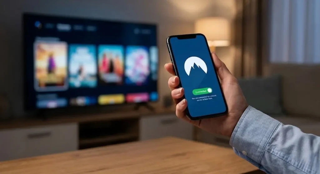 A person holds a smartphone with a VPN app showing "Connected" in front of a TV displaying a streaming service interface.