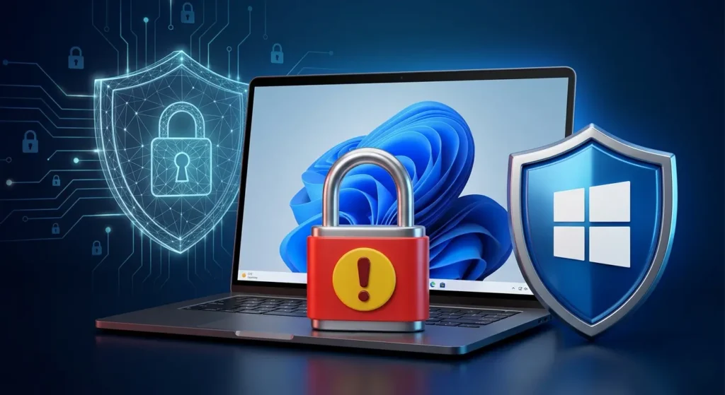 A 3D illustration showing a laptop with the Windows 11 default wallpaper, a large red padlock with a yellow warning exclamation mark placed on the keyboard, a holographic blue shield with a padlock icon on the left, and a blue metallic shield with the Windows logo on the right, all set against a dark blue digital background representing the question of whether antivirus software is needed on Windows 11.