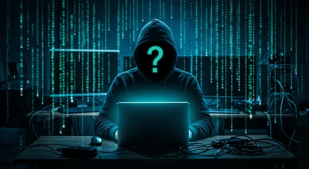 alt="Hacker anonyme avec capuche et point d'interrogation travaillant sur un ordinateur portable, style Matrix numérique"